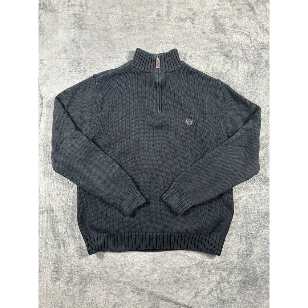 Chaps Mens Quarter Zip Sweater Medium Black 100% Cotton Mock Neck Pullover Logo